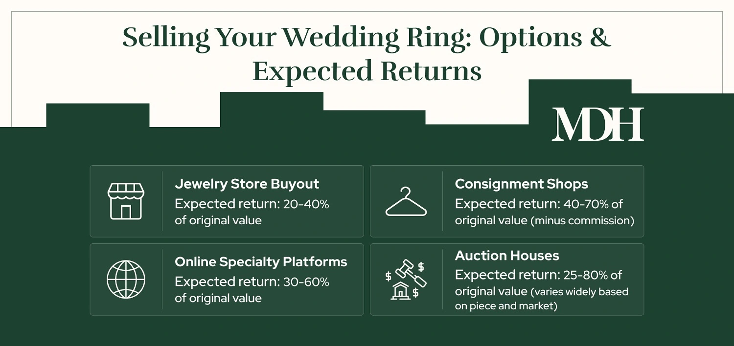 Infographic Comparing Wedding Ring Selling Options with Expected Returns and Pros and Cons.
