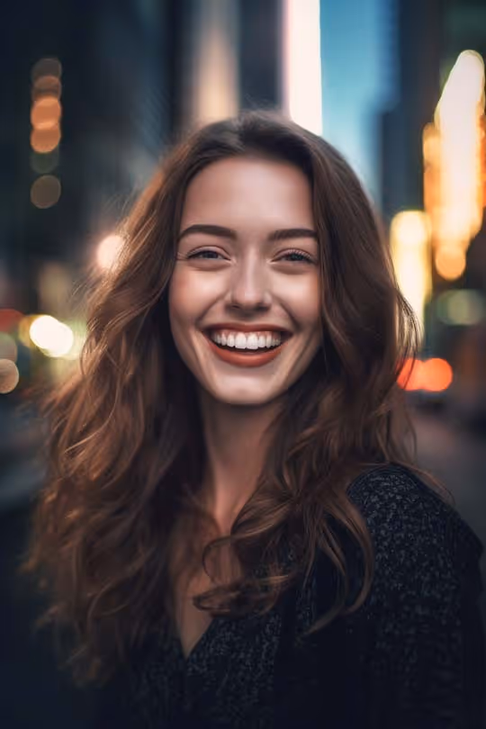 Femme blanche dans la rue au sourire parfaitemetn blanc et étincelant