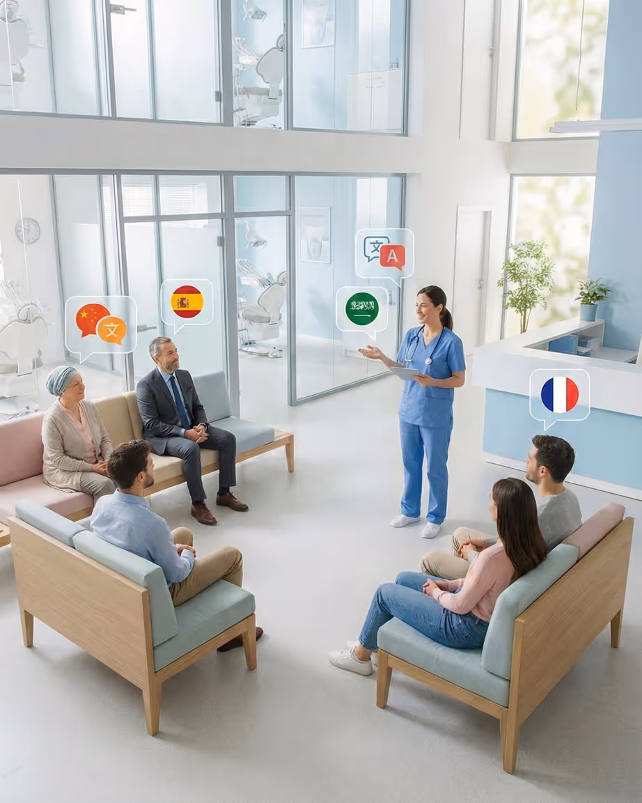 Une infirmière parle à cinq patients assis dans une salle d'attente de clinique, avec des bulles représentant plusieurs langues, y compris le chinois, l'espagnol, l'arabe et le français.
