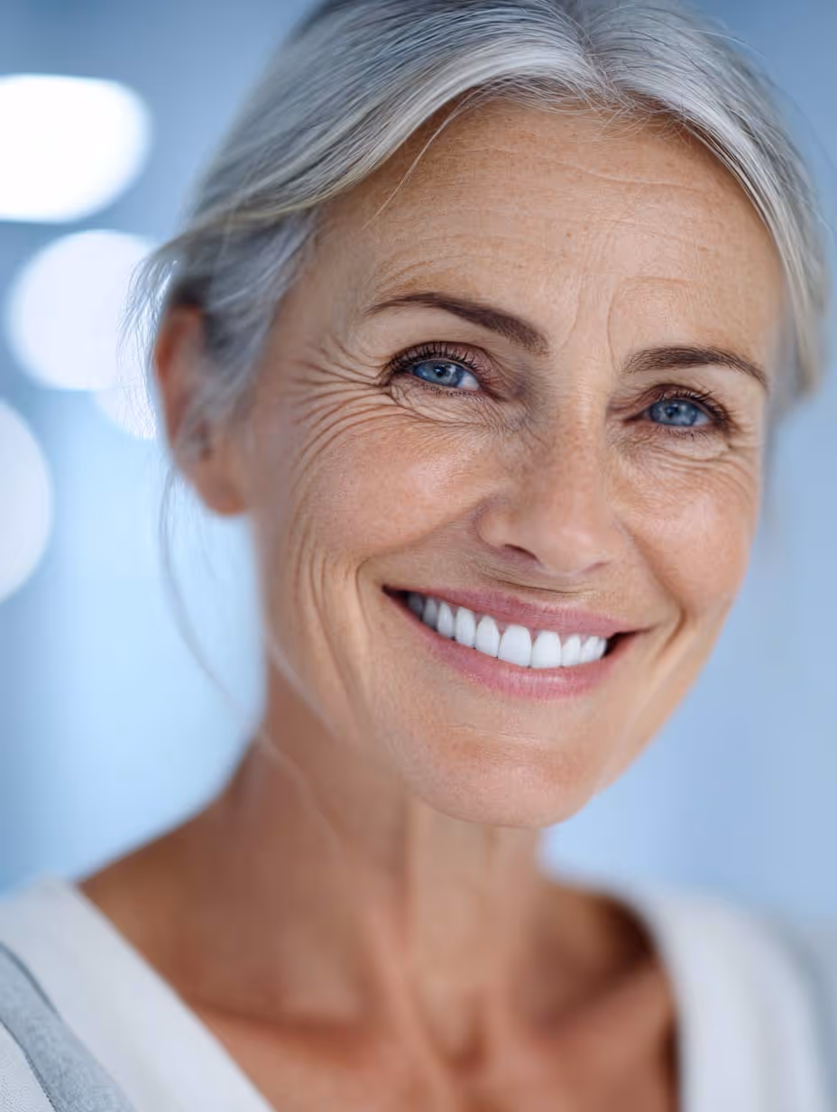 Femme souriante avec des cheveux gris et des dents blanches éclatantes.