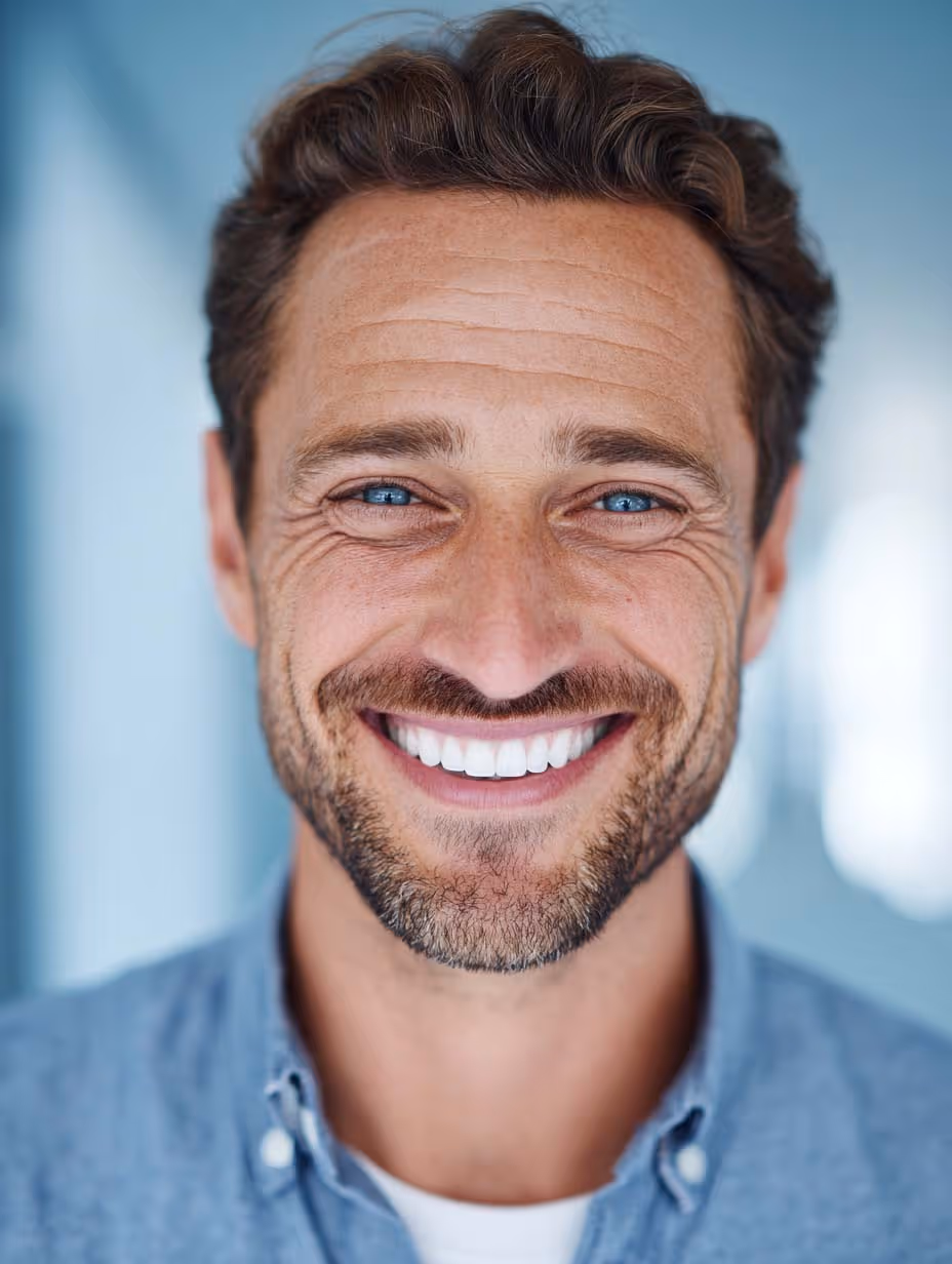 Homme souriant avec cheveux bruns bouclés, barbe légère et dents blanches éclatantes.