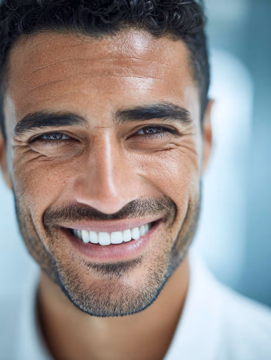 Gros plan d'un homme souriant avec une barbe légère et des dents blanches visibles.