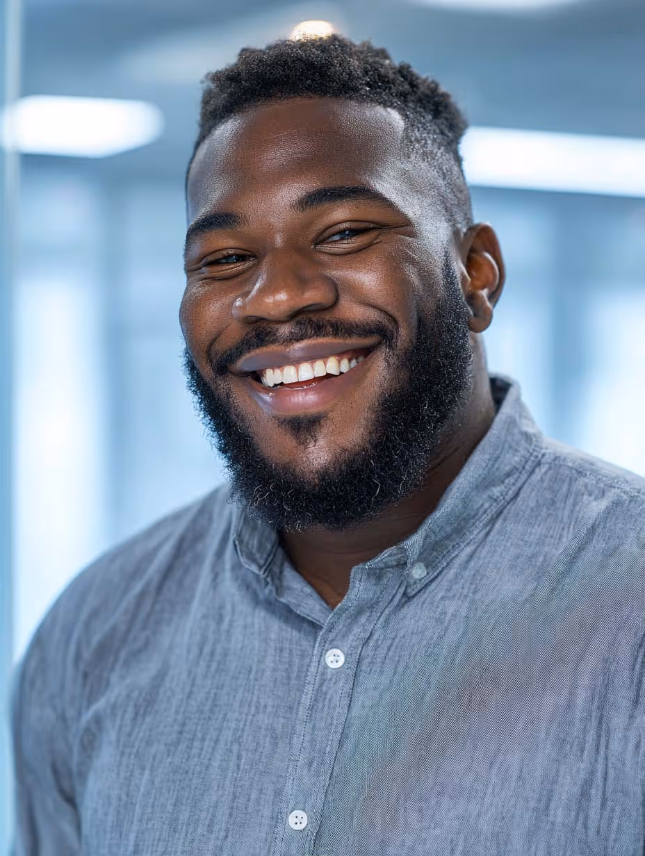 Homme souriant avec une barbe et une chemise grise décontractée dans un environnement de bureau lumineux.