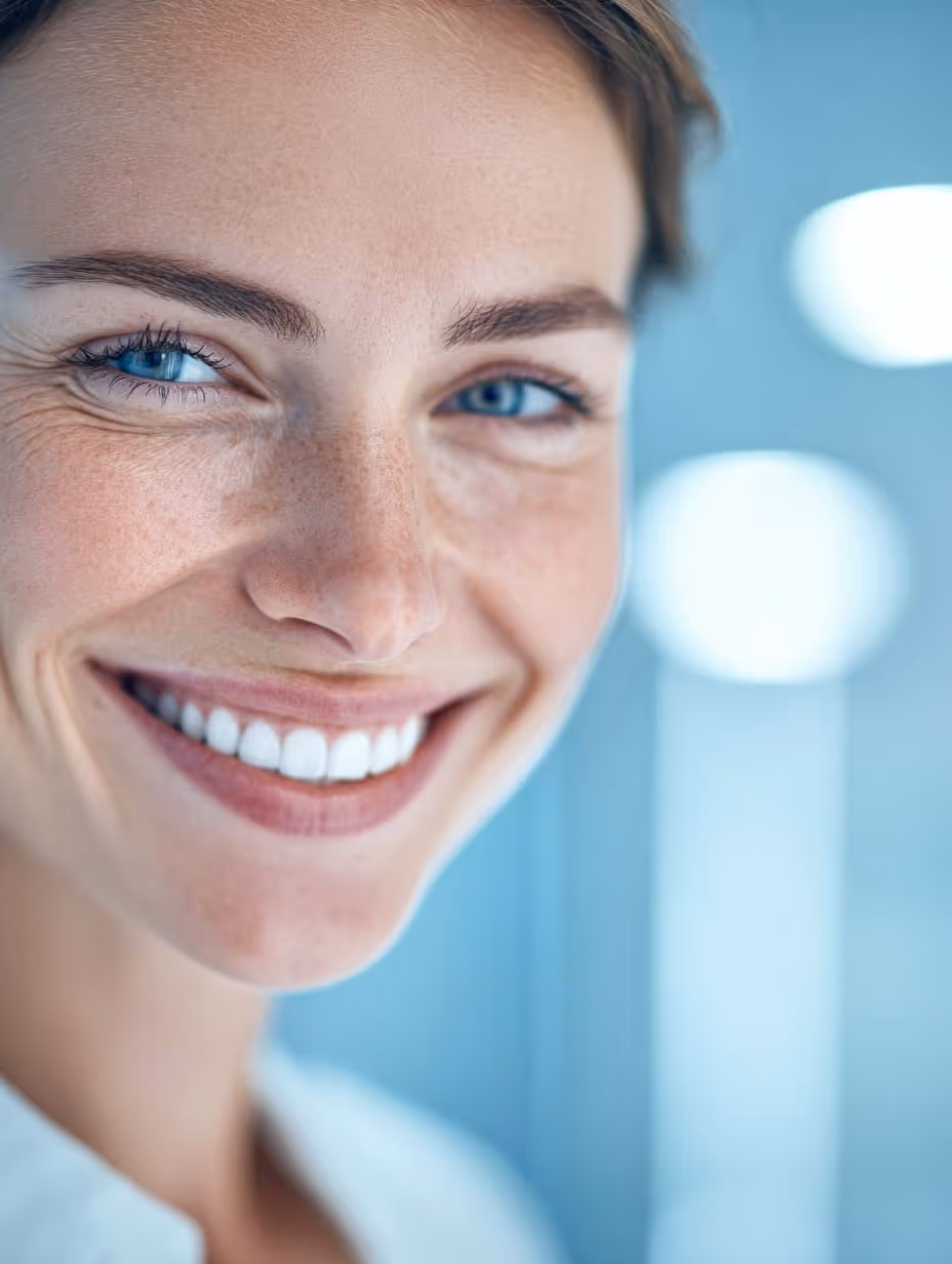 Gros plan sur une femme souriante avec des dents blanches et des yeux bleus sur fond flou bleu.