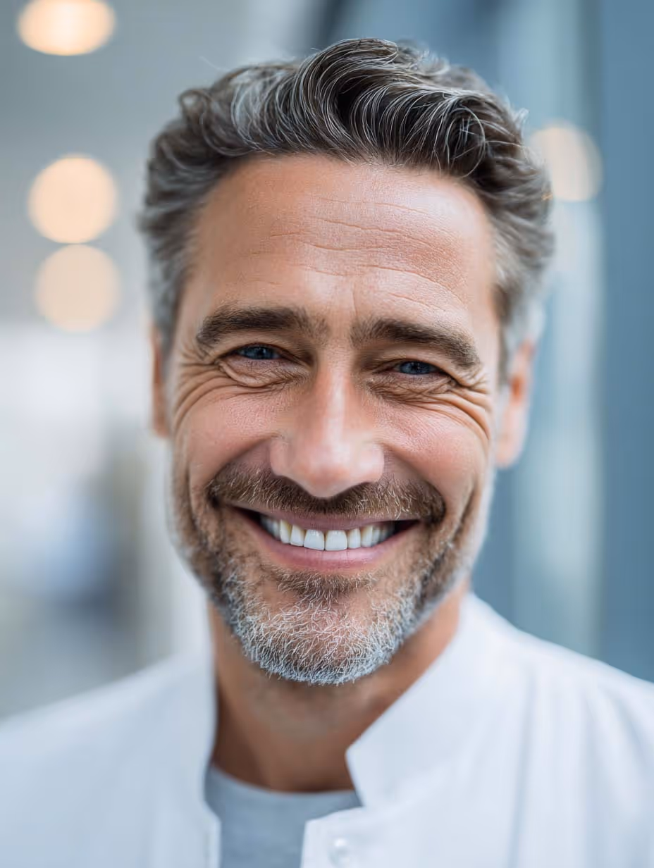 Homme souriant avec barbe grise et cheveux poivre et sel portant une blouse blanche, en intérieur flou.