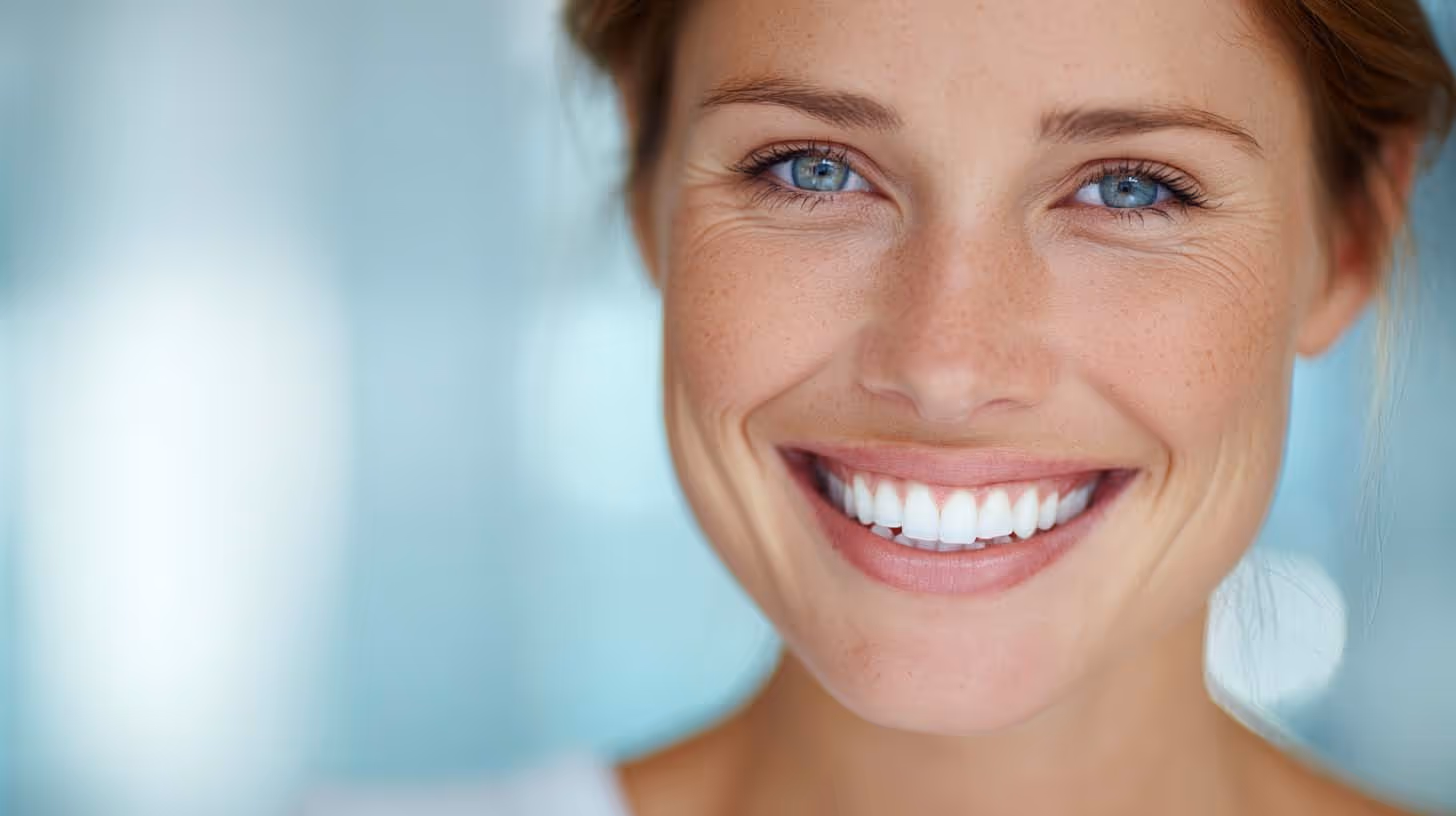 Sourire éclatant d'une femme aux yeux bleus avec un fond flou bleu clair.