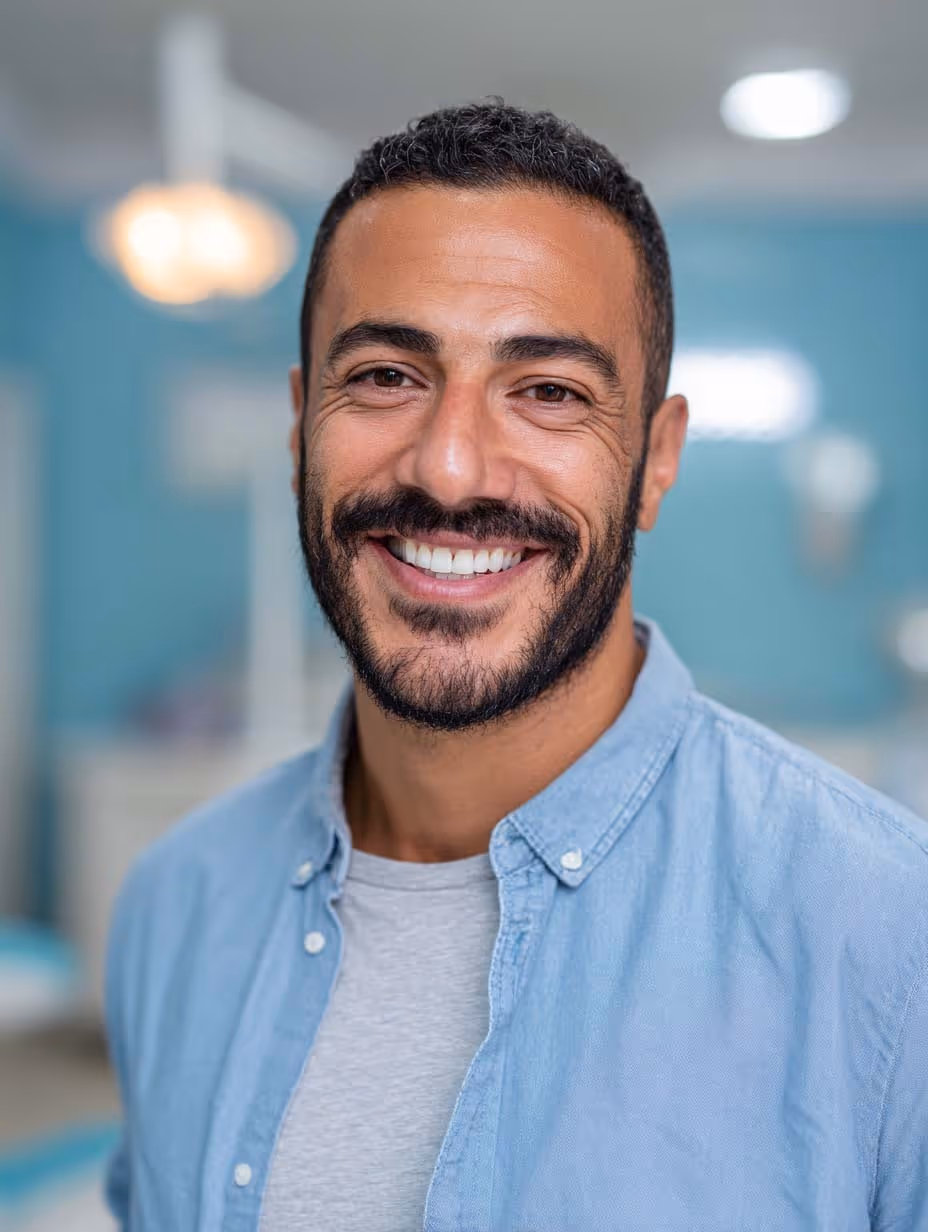 Homme souriant avec une barbe portando une chemise bleue et un t-shirt gris dans un environnement intérieur flou.