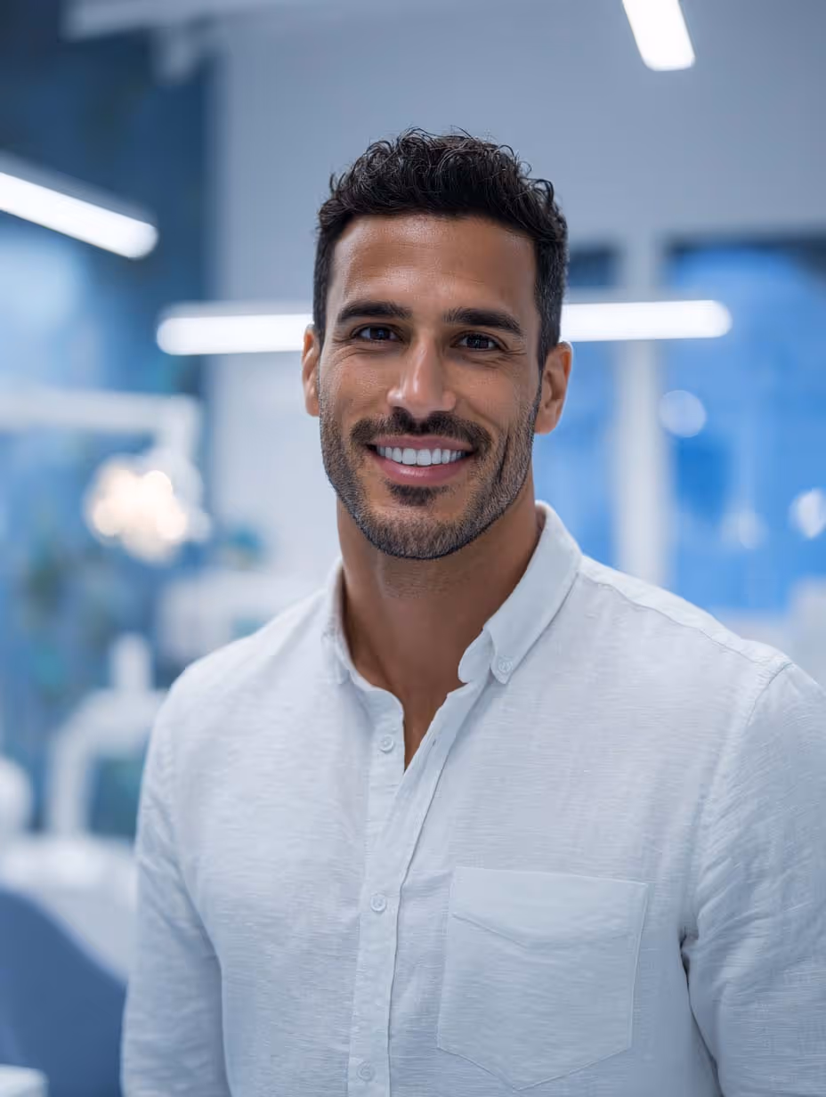 Homme souriant portant une chemise blanche, dans un environnement clinique lumineux et moderne.