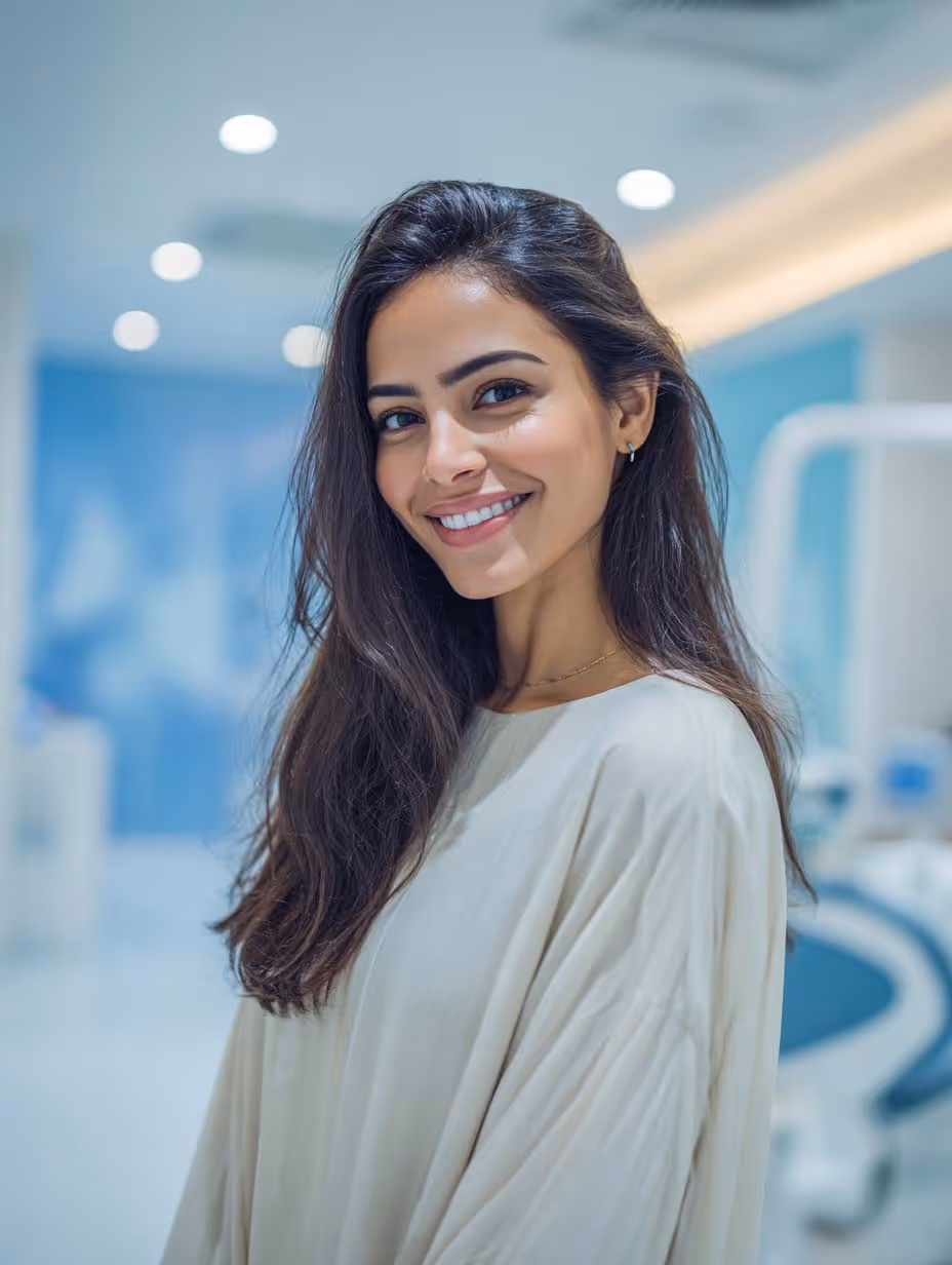 Femme souriante aux cheveux longs et vêtue d'une blouse claire dans un cadre clair et moderne.