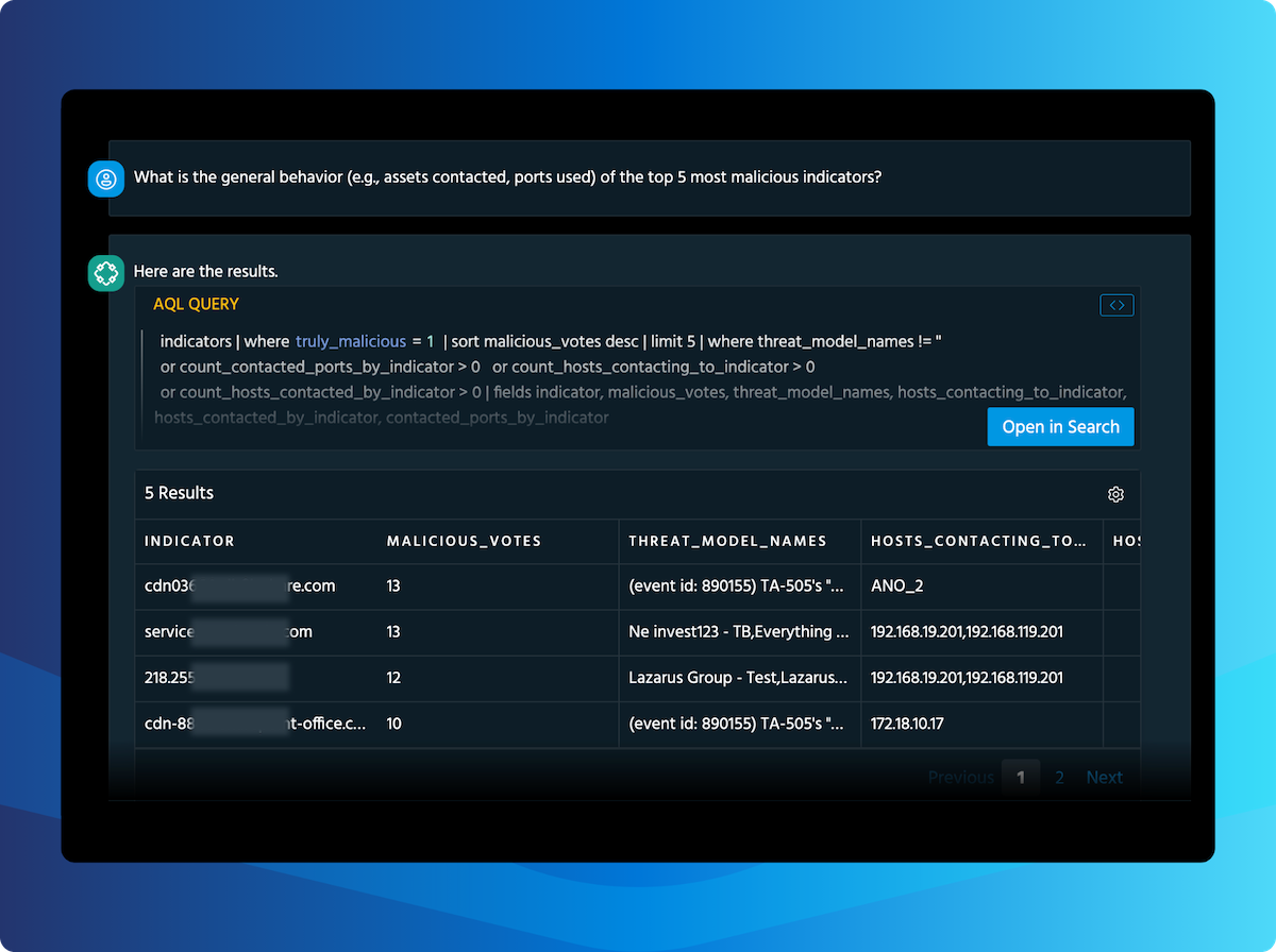 An example of a threat intelligence query in Anomali Copilot