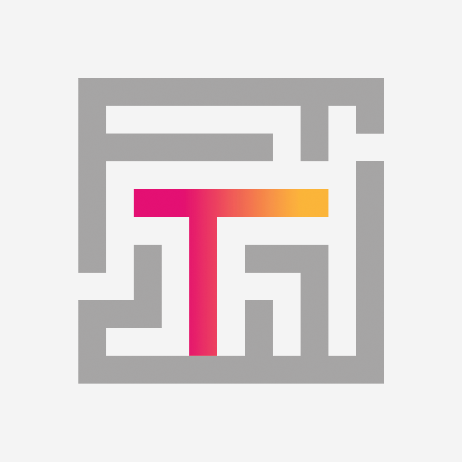 Thinkie logo consisting of an abstract geometric maze design with pink to yellow gradient cross pattern in center forming a T shape
