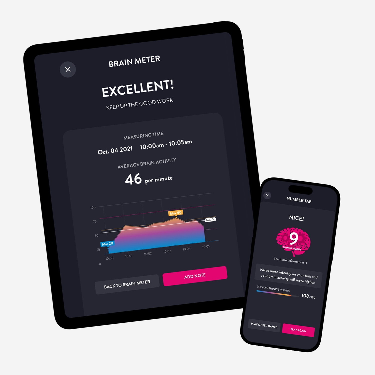 Thinkie's Brain Meter app showing excellent performance results on tablet and smartphone screens