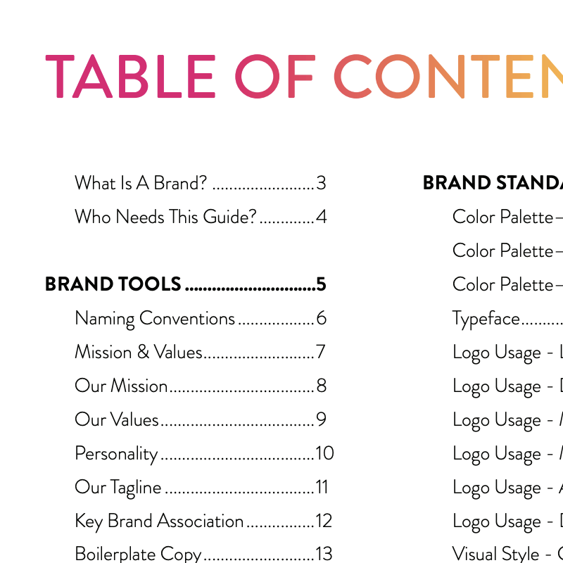 Table of contents page for Thinkie brand guide with sections on brand tools and standards