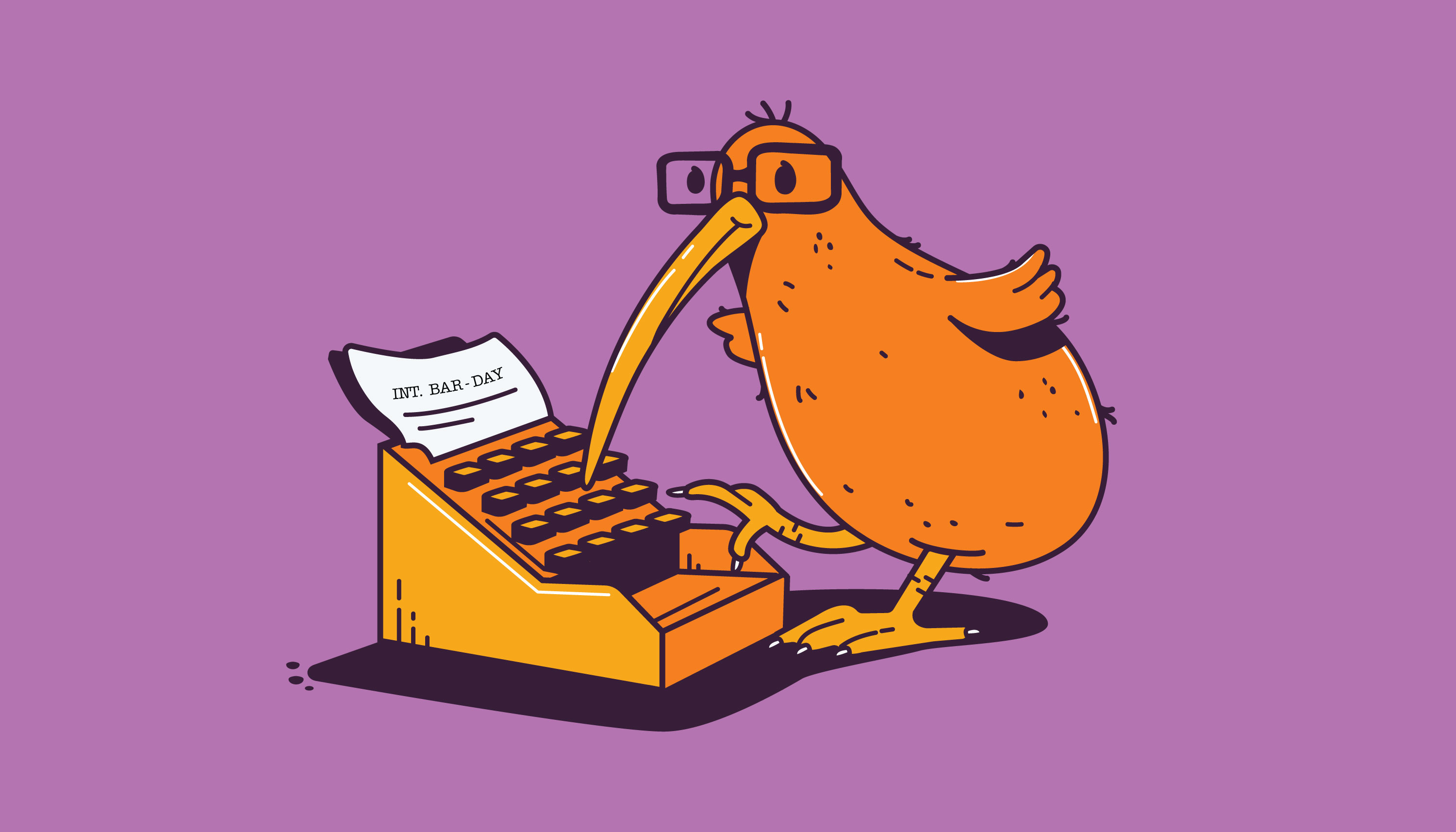 Kiwi wearing glasses typing his script on his typewriter