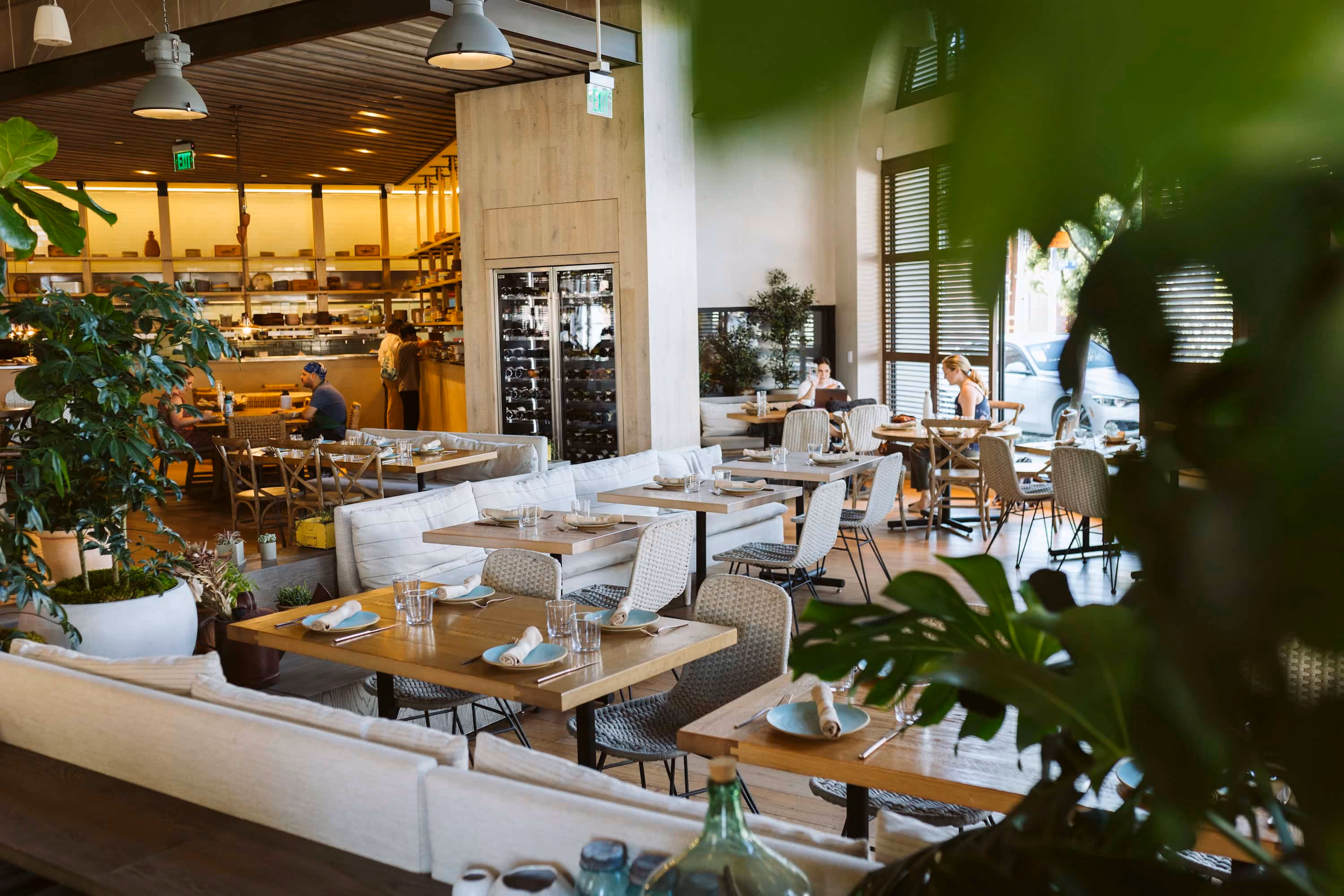 Sunlit modern restaurant interior with wooden tables, cushioned benches, chairs, and green plants.