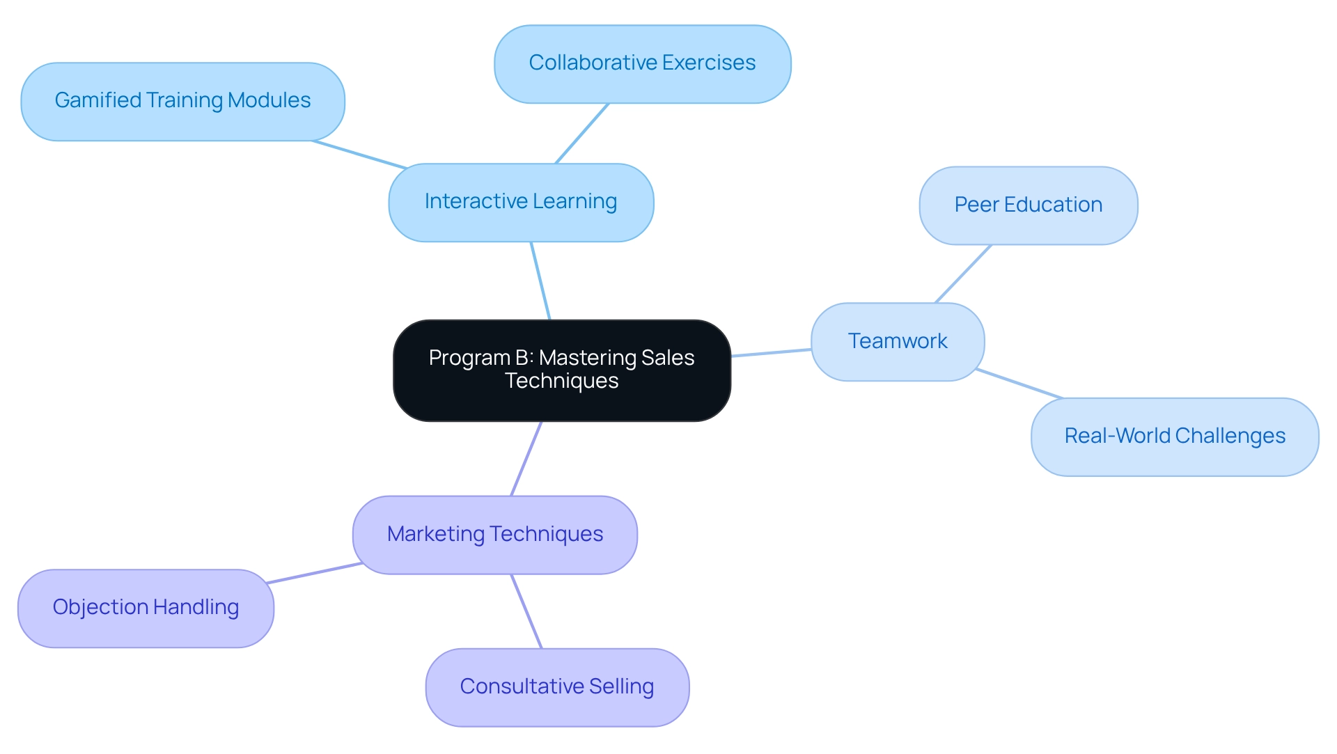 The central node represents the program, with branches indicating the main components: Interactive Learning, Teamwork, and Marketing Techniques. The central node represents the program, with branches indicating the main components: Interactive Learning, Teamwork, and Marketing Techniques.