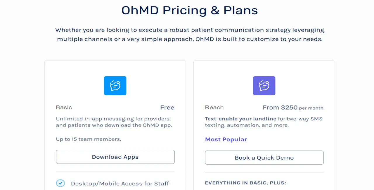 OhMD pricing screenshot
