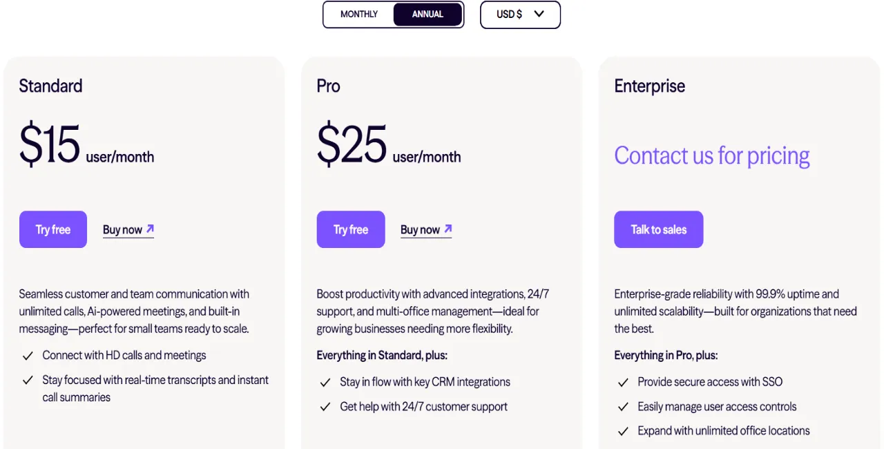Dialpad pricing screenshot