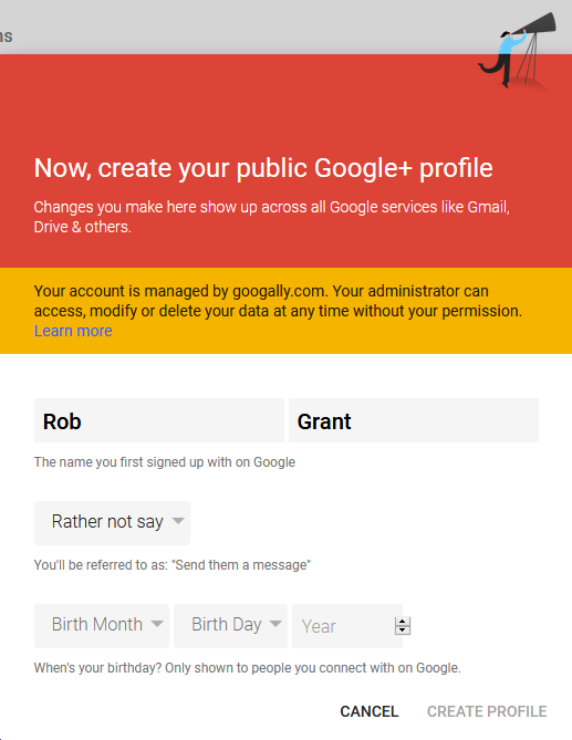 Provide your details to create Google plus profile