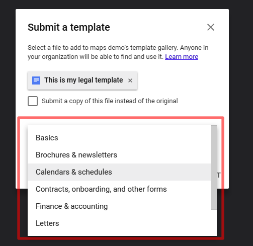 Select category for Google docs template