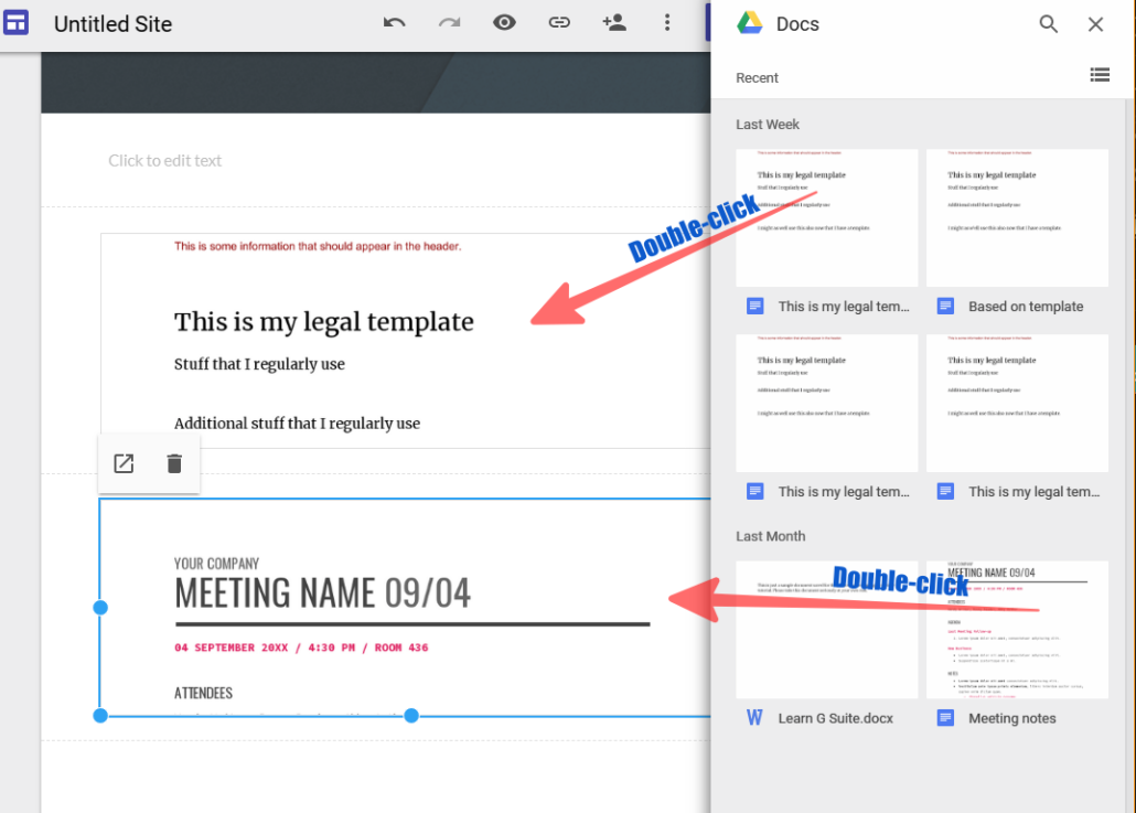 Double click on Google doc to add to Google Site