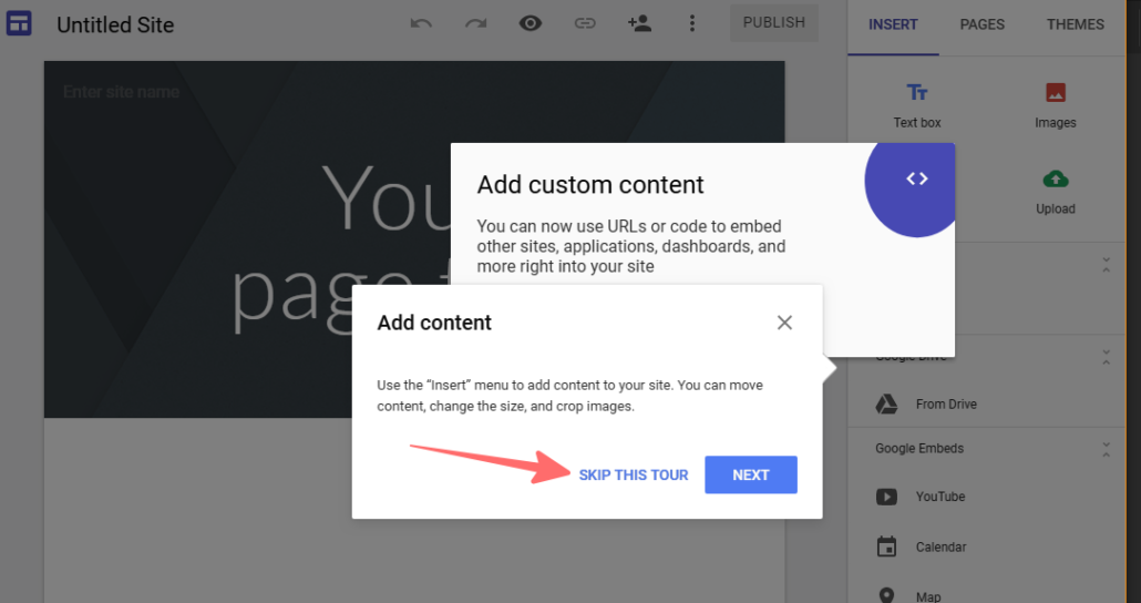 Take Google Sites Tour or skip it