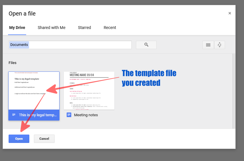 Select the Google Docs template that you created