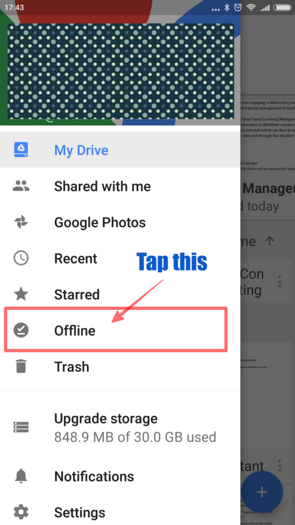 Tap offline to view offline Google drive files