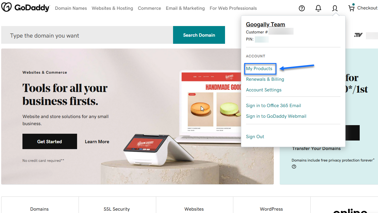 GoDaddy my products section