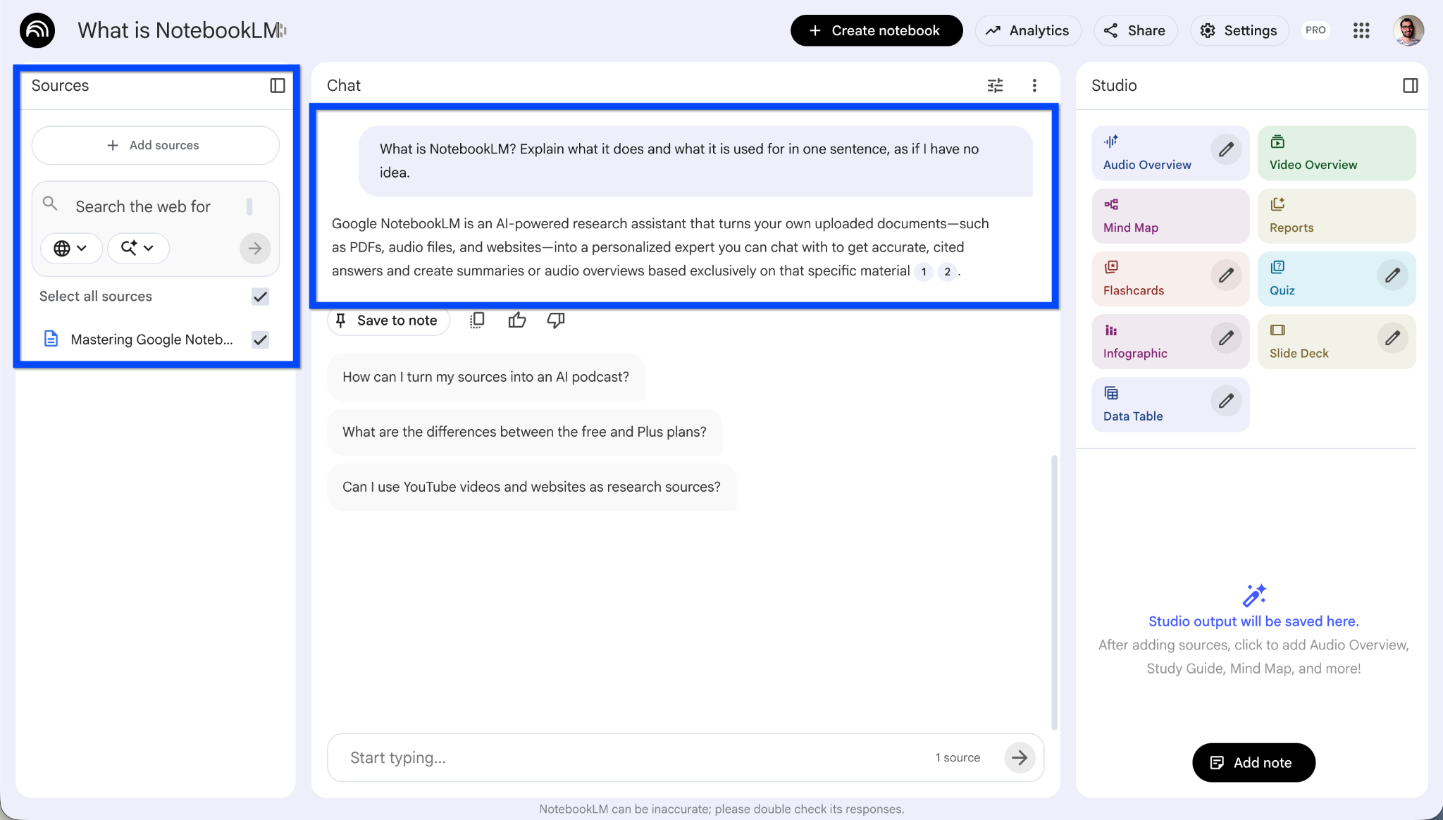 Using NotebookLM with a source provided