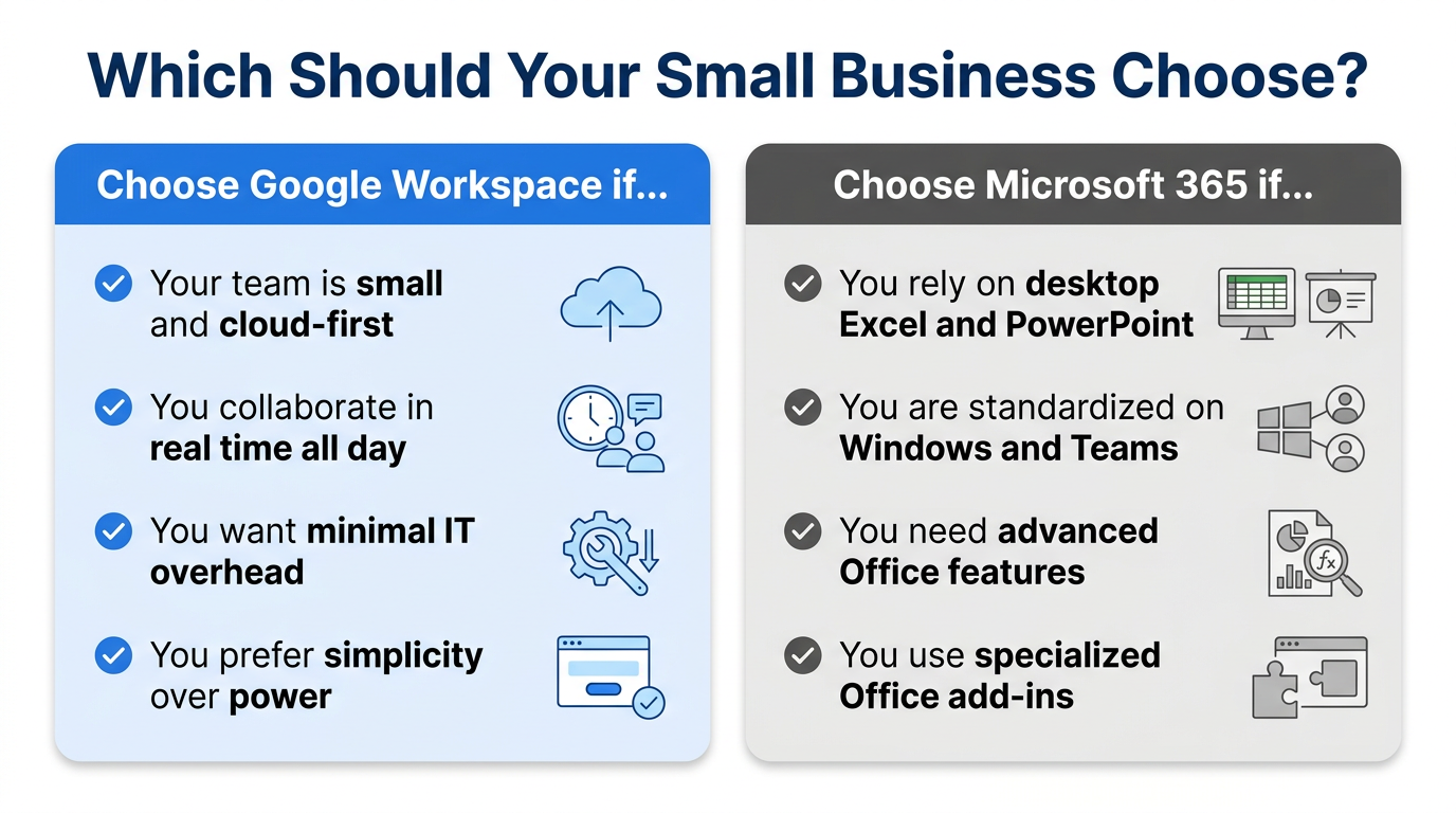 Decision guide showing when a small business should choose Google Workspace versus Microsoft 365