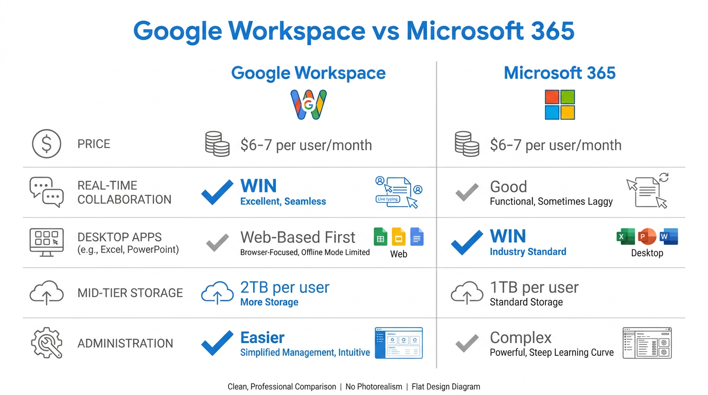 Feature comparison matrix of Google Workspace vs Microsoft 365 across price, collaboration, desktop apps, storage, and administration