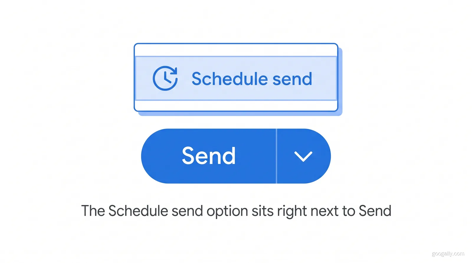 Illustration of the Gmail Send button with a dropdown arrow opening the Schedule send option