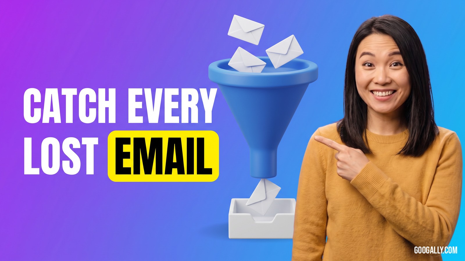 Blog thumbnail reading Catch Every Lost Email beside a blue funnel catching stray envelopes into an inbox tray.