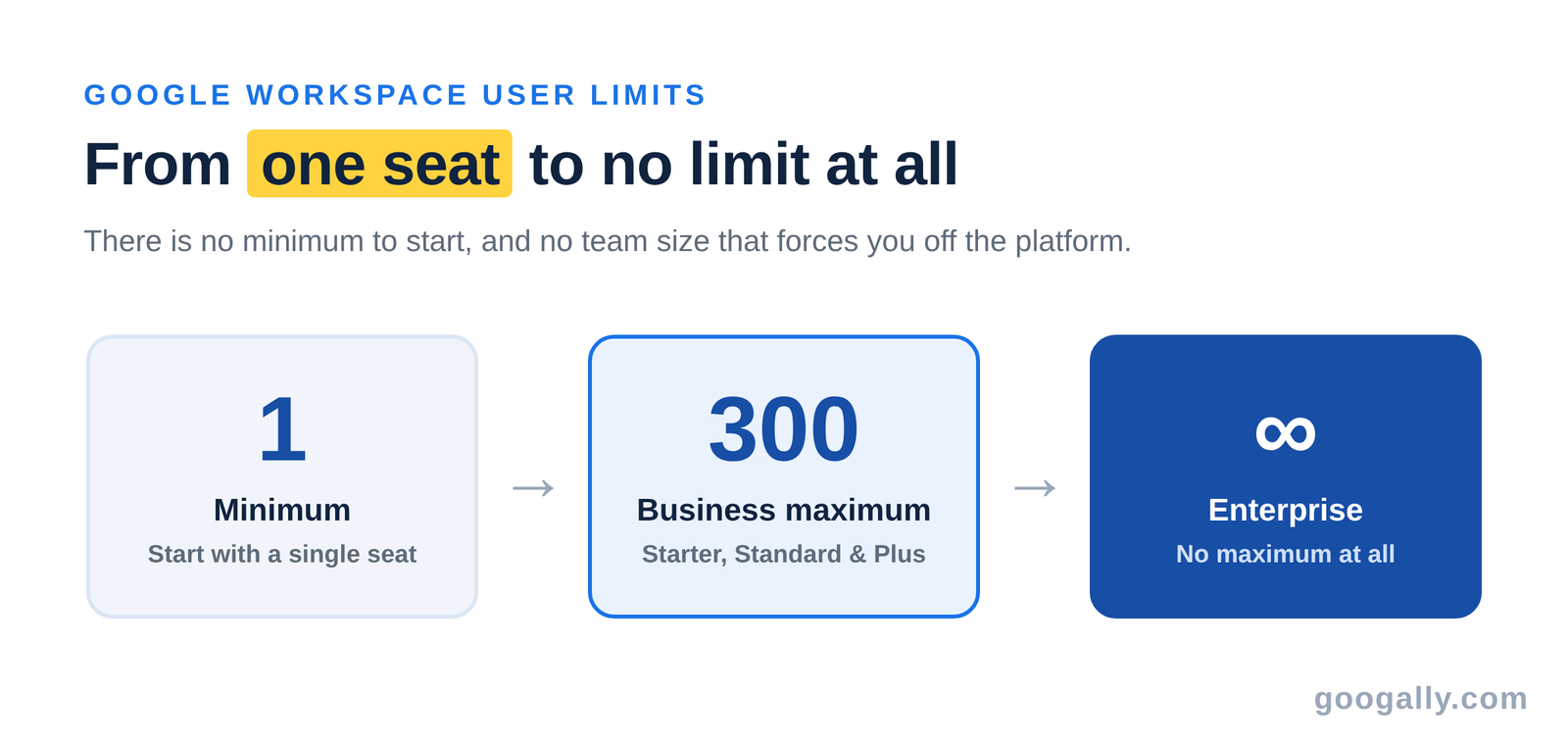 Google Workspace user limits range from 1 user minimum to 300 on Business plans, with no maximum on Enterprise.