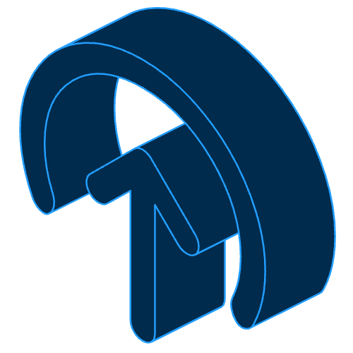 3D dark blue circular arrow pointing upwards with a curved base.