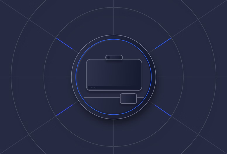 Abstract dark blue circular graphic with a simplified video conferencing device icon in the center.