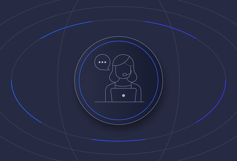 Icon of a female customer support agent with headset and laptop inside a glowing circular button on a dark background.