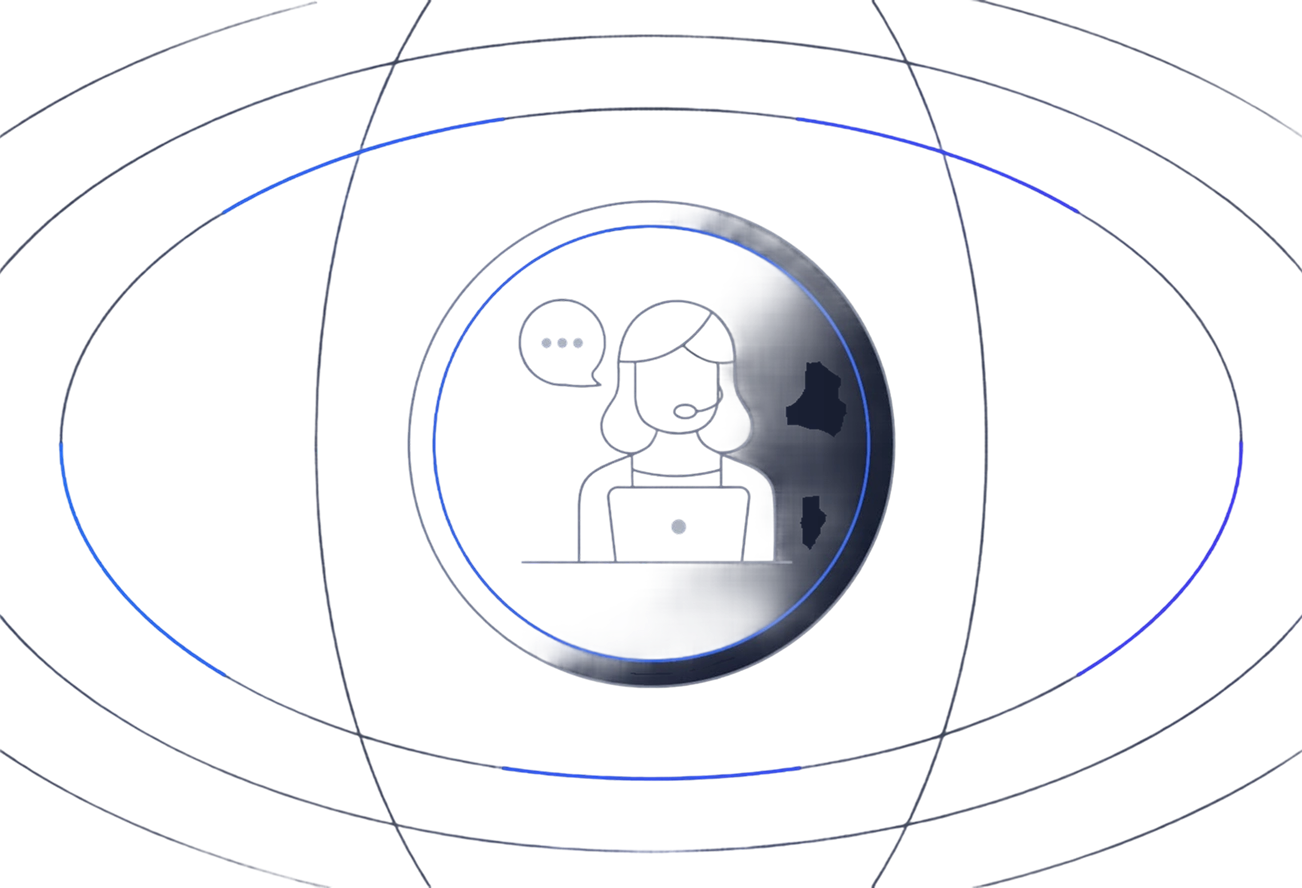 Icon of a female customer support agent with headset and laptop inside a glowing circular button on a dark background.