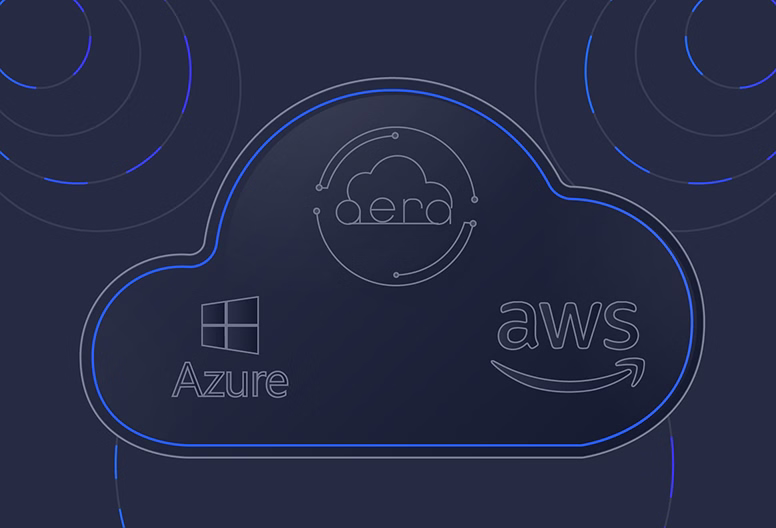 Dark blue cloud outline with logos of Azure, Aero, and AWS inside representing cloud solutions.