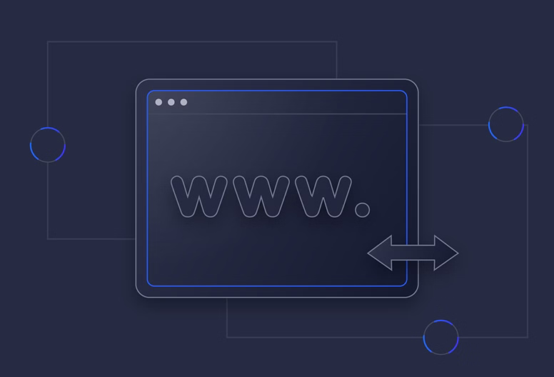 Illustration of a web browser window with 'www.' text and a bidirectional arrow symbolising data connectivity.