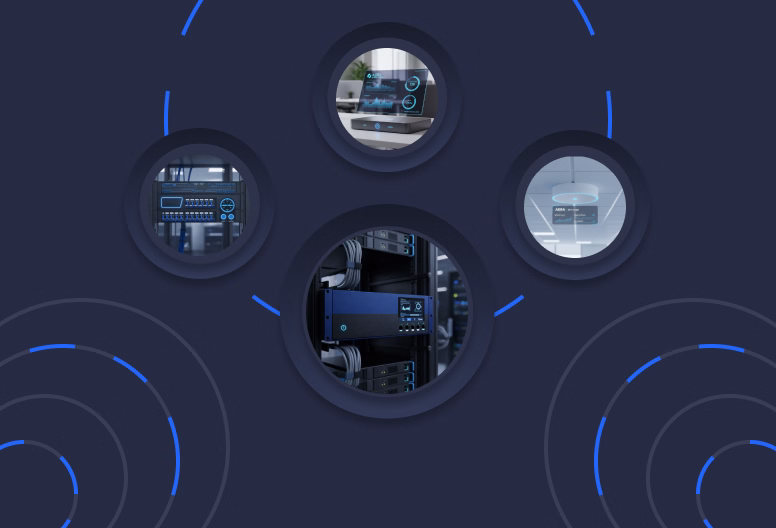 Four circular insets showing modern IT hardware including servers, network equipment, computer monitor with analytics, and a smart ceiling sensor against a dark blue background with concentric circular patterns.