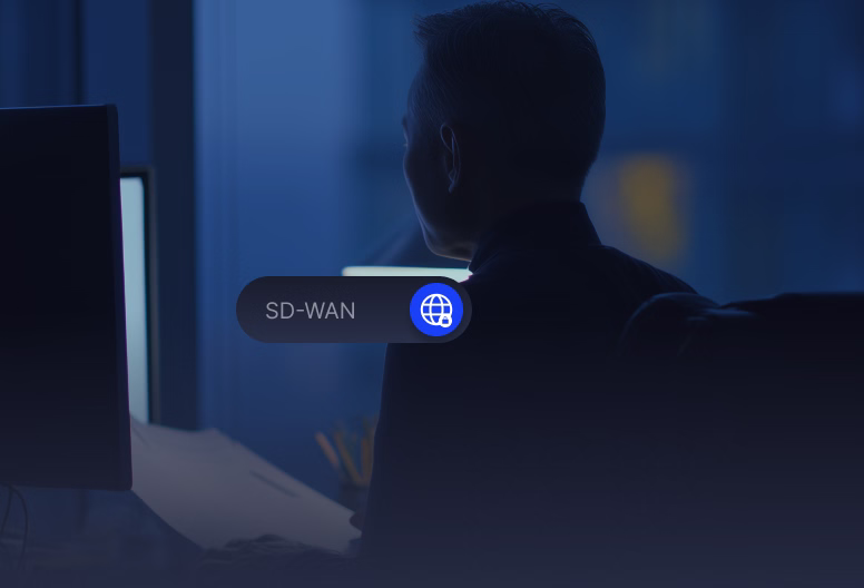 Silhouette of a person working on a computer at night with an overlay label reading 'SD-WAN' and a globe icon.