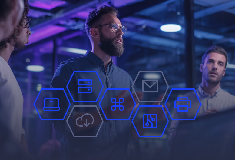 Three people in an office with digital icons for laptop, servers, commands, email, cloud sync, circuit, and printer overlayed.