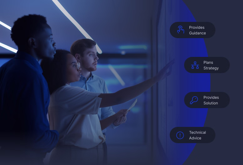 Three people collaborating and pointing at a screen with text boxes listing Provides Guidance, Plans Strategy, Provides Solution, and Technical Advice.