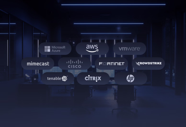 Dark modern office background with floating logos of tech companies including Microsoft Azure, AWS, VMware, Mimecast, Cisco, Fortinet, CrowdStrike, Tenable.io, Citrix, and HP.