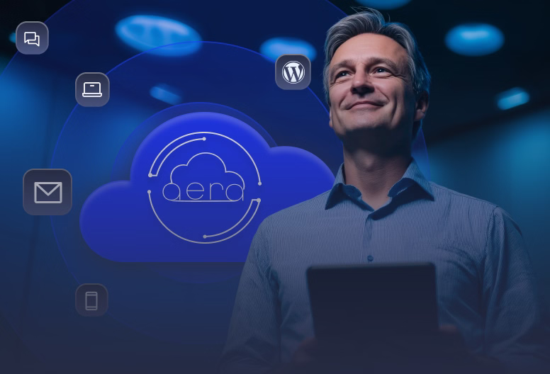 Smiling man holding a tablet with digital cloud computing icons and 'aera' cloud logo in the background.