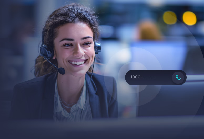 Smiling woman wearing a headset at a computer in a call centre environment with a phone icon and number overlay.
