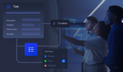Three professionals reviewing a digital task management interface with task details and status options on a dark background.