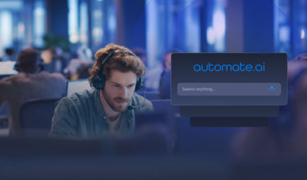 Man with headphones focused on laptop screen in a modern office, with a digital search box labeled automate.ai floating nearby.